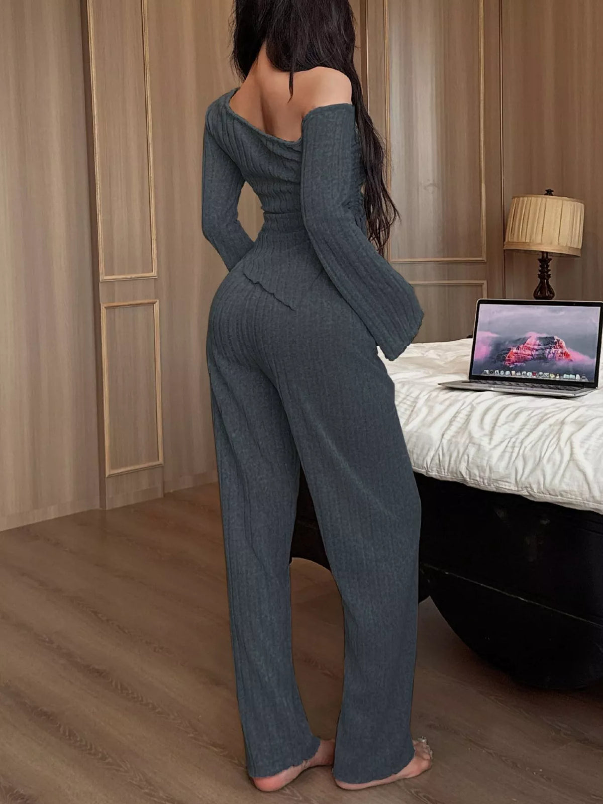 One-Shoulder Ribbed Knit Top and Pants Set - Lilixa.store