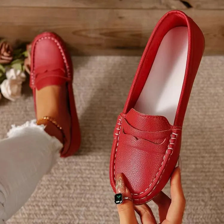 PU Leather Round Toe Flat Slip-Ons in Red
