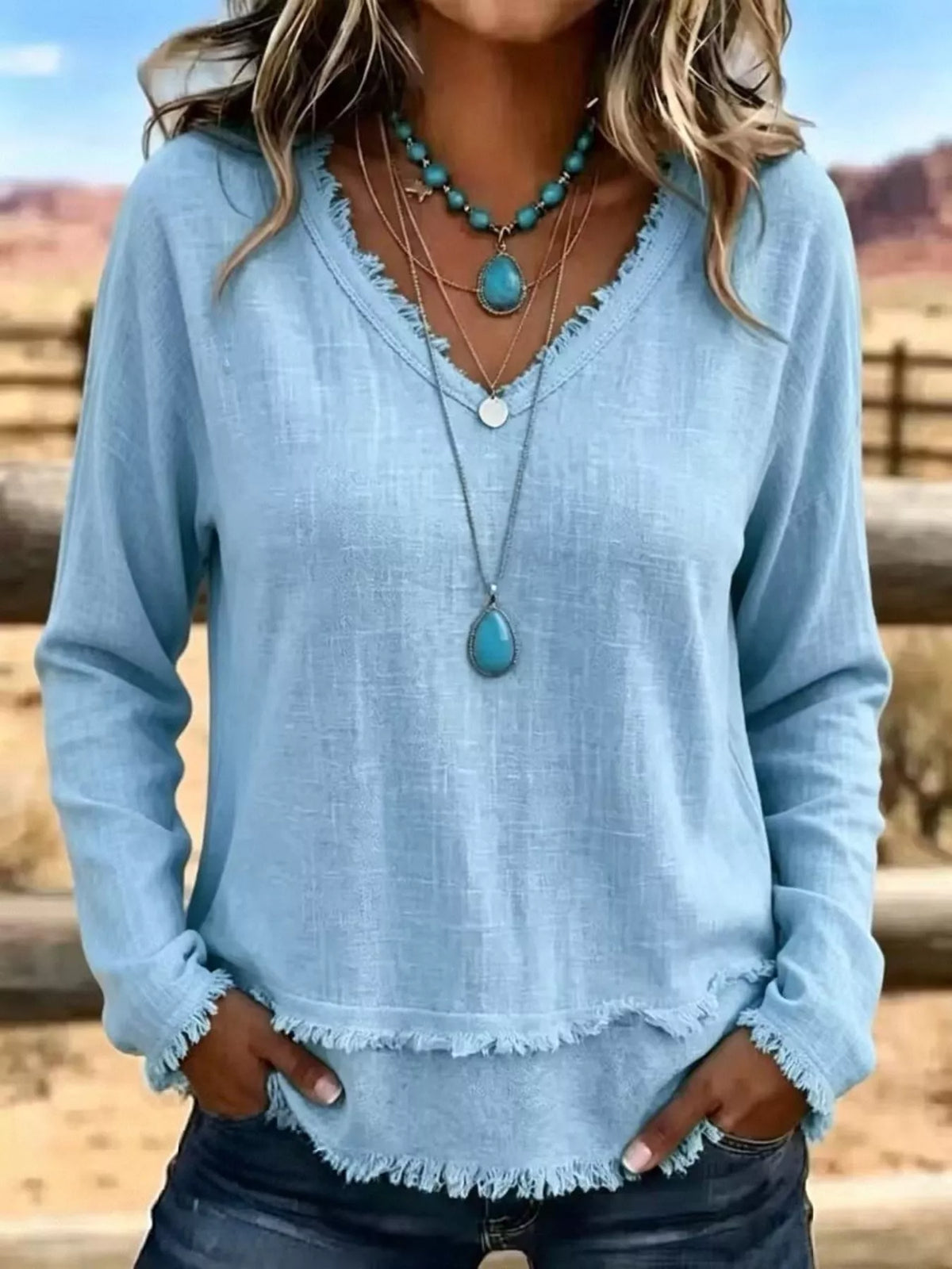 V-Neck Long Sleeve Blouse with Frayed Hem Detail - Lilixa.store