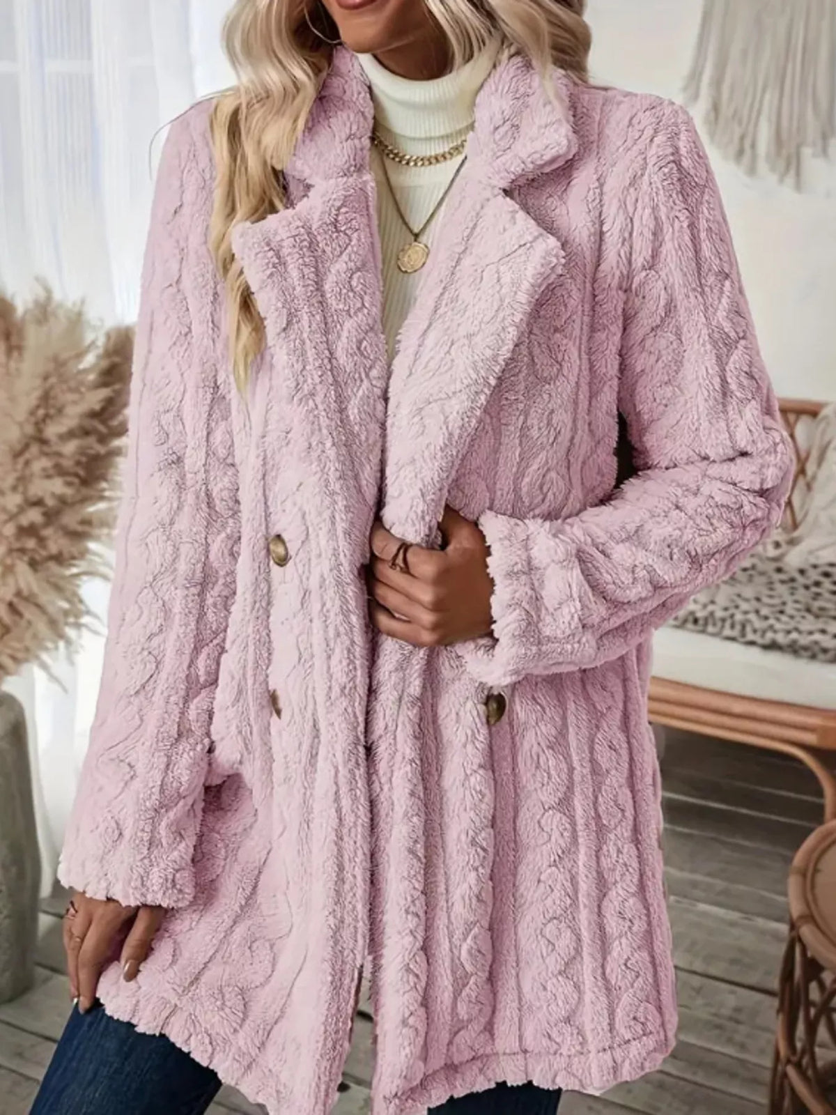 Cozy Faux Shearling Double-Breasted Outerwear in Pink