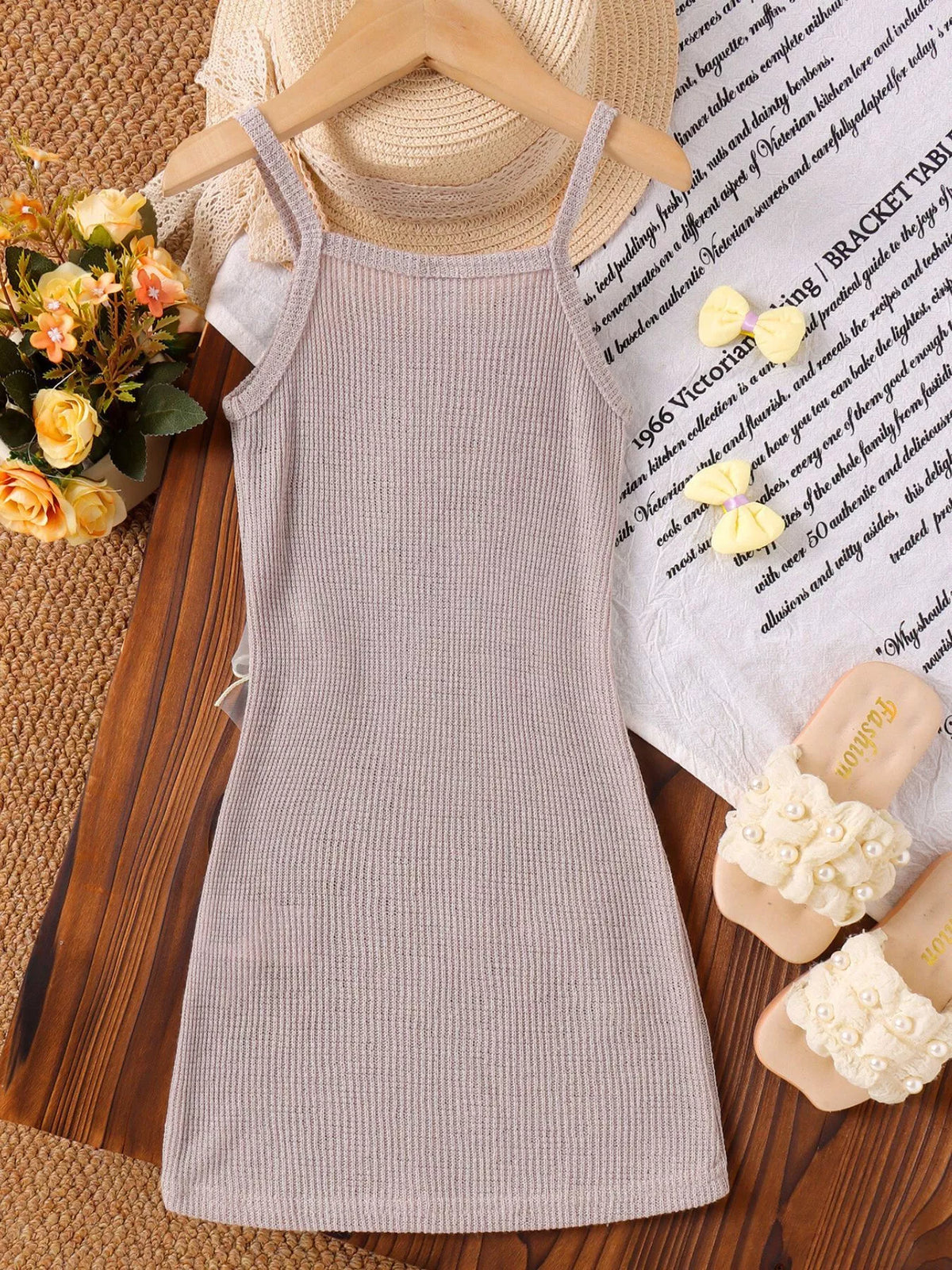 Children's Ribbed Knit Spaghetti Strap Dress with Bow - Lilixa.store