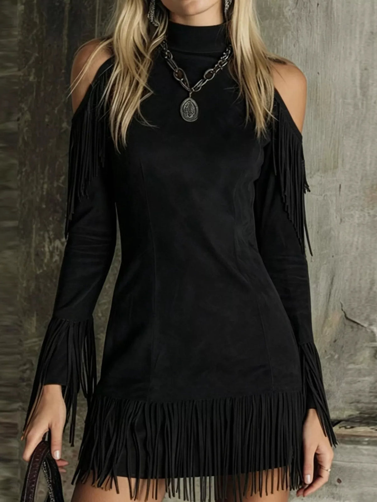 Fringed Cold Shoulder Mini Dress in Black