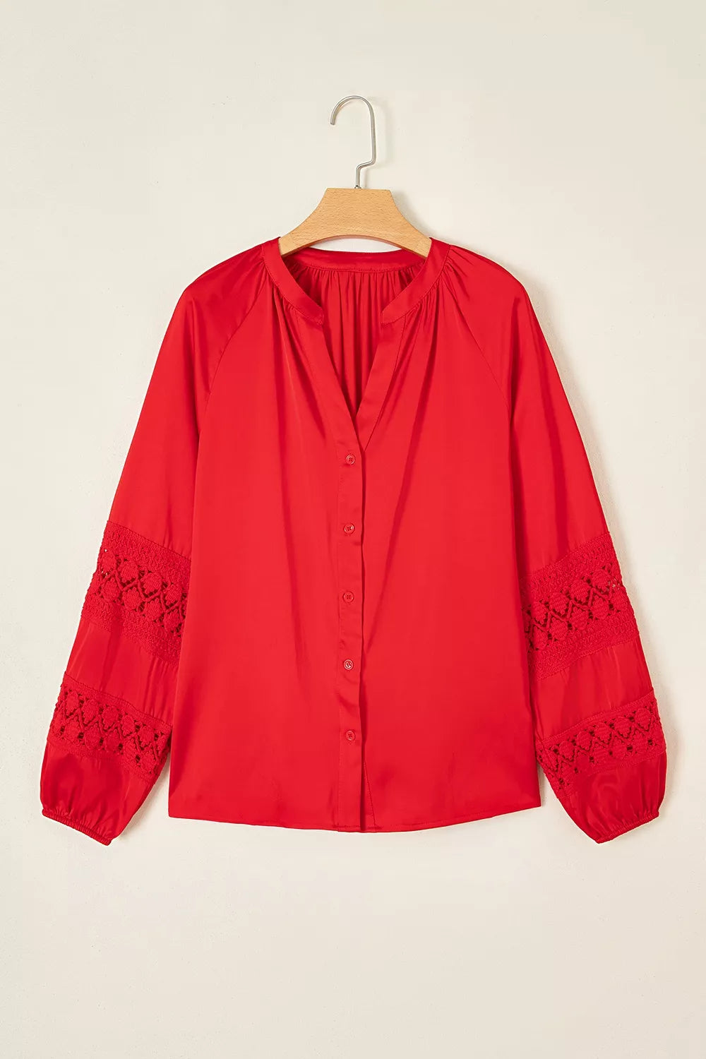 Christmas Patchwork Lace Long Sleeve V Neck Button Front Shirt in Scarlet, view 4