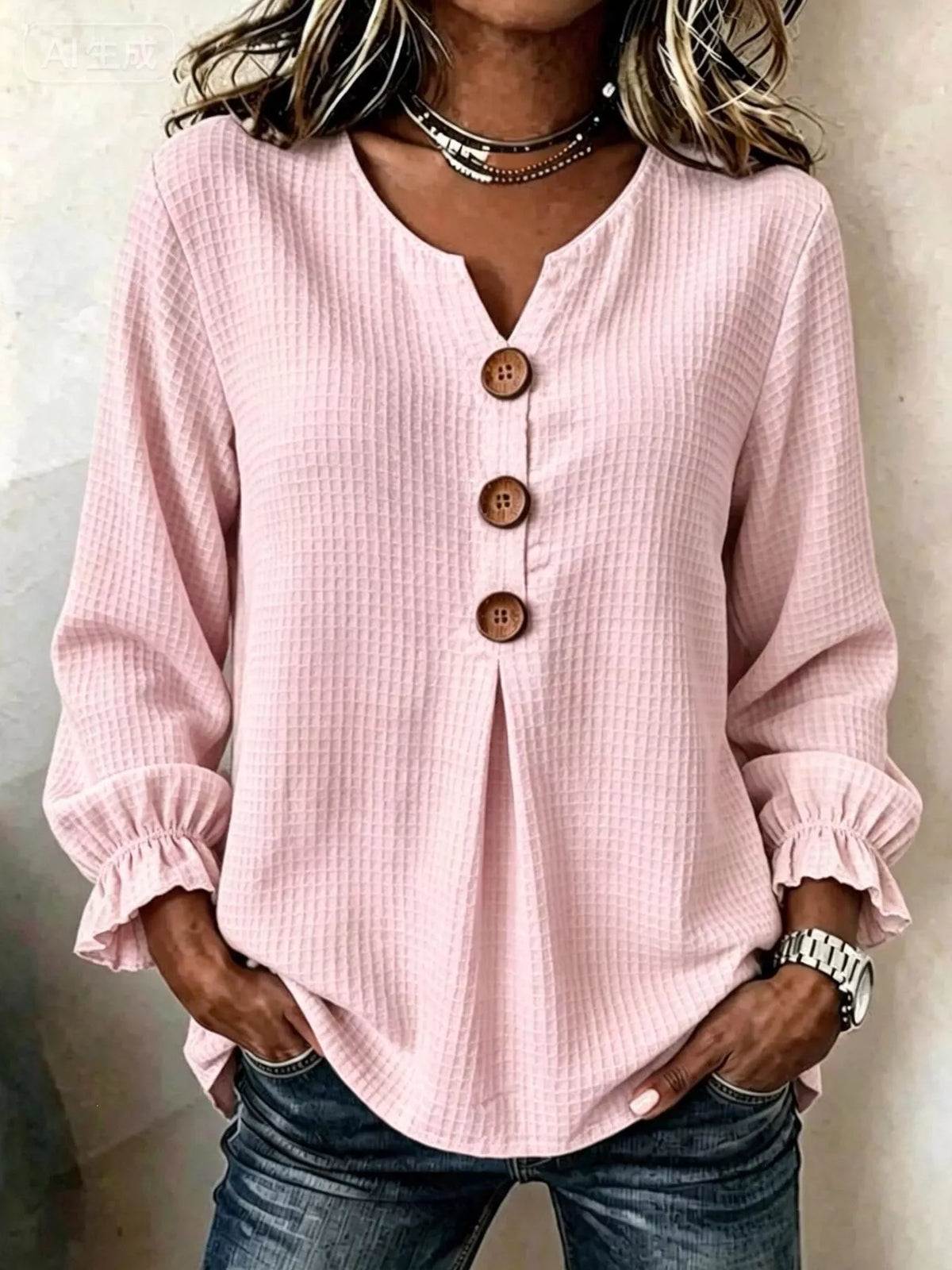 Waffle Knit Flounce Sleeve Top - Lilixa.store