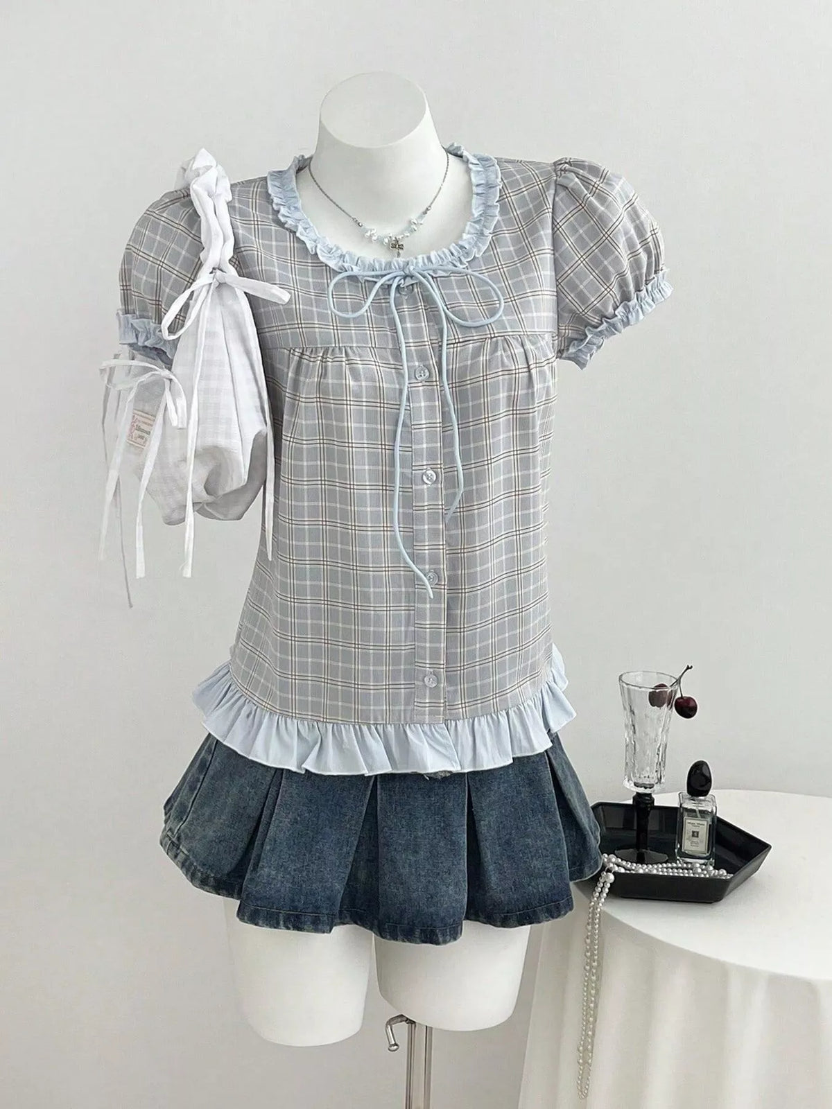 Plaid Ruffle Trim Puff Sleeve Blouse in Blue, view 3