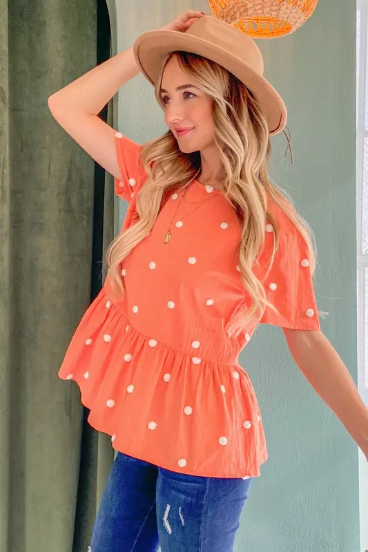 And The Why Pom Pom Polka Dots Short Sleeve Top in Coral, view 2