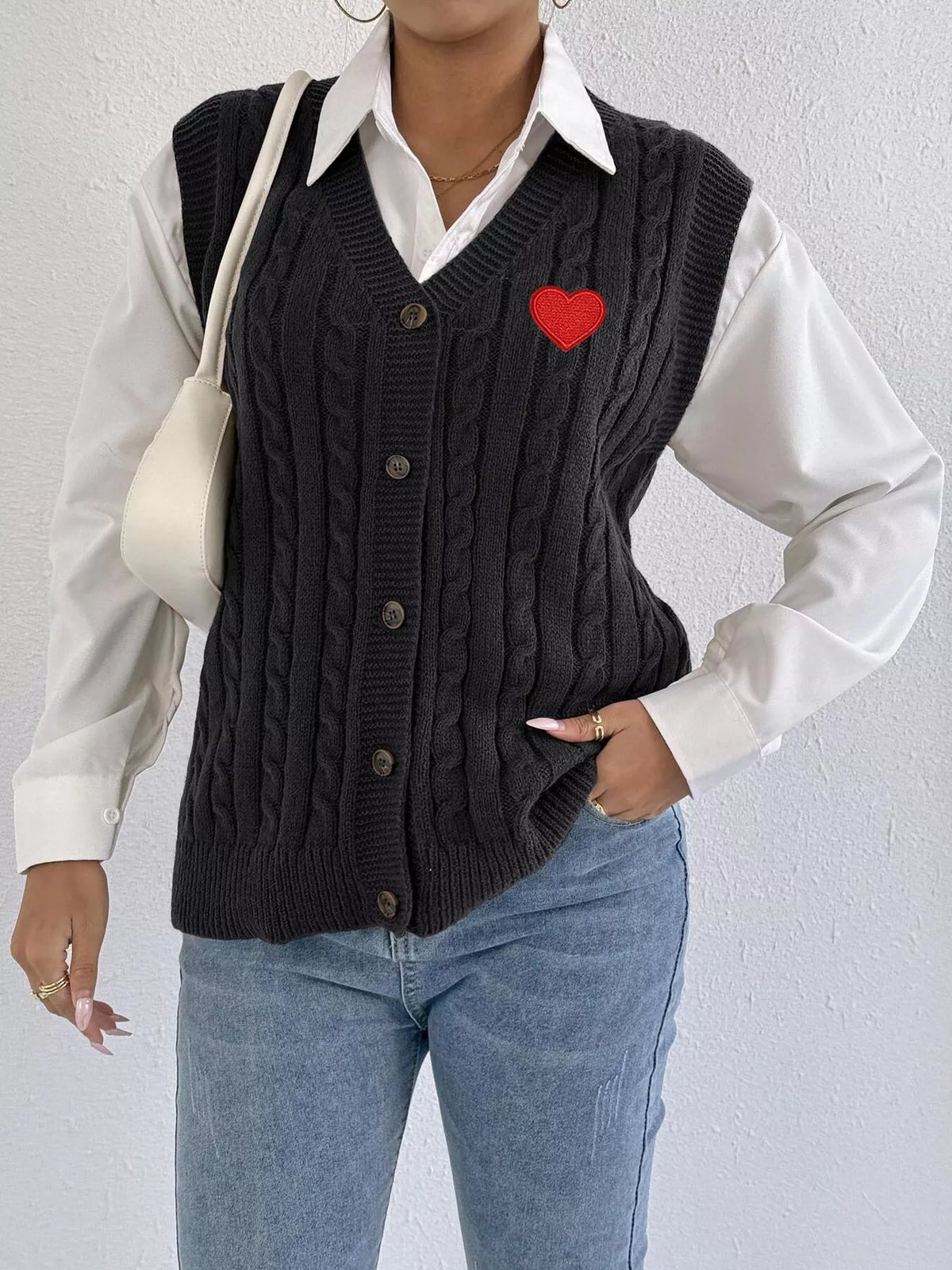 V-Neck Cable Knit Button-Down Sweater Vest with Heart Embroidery