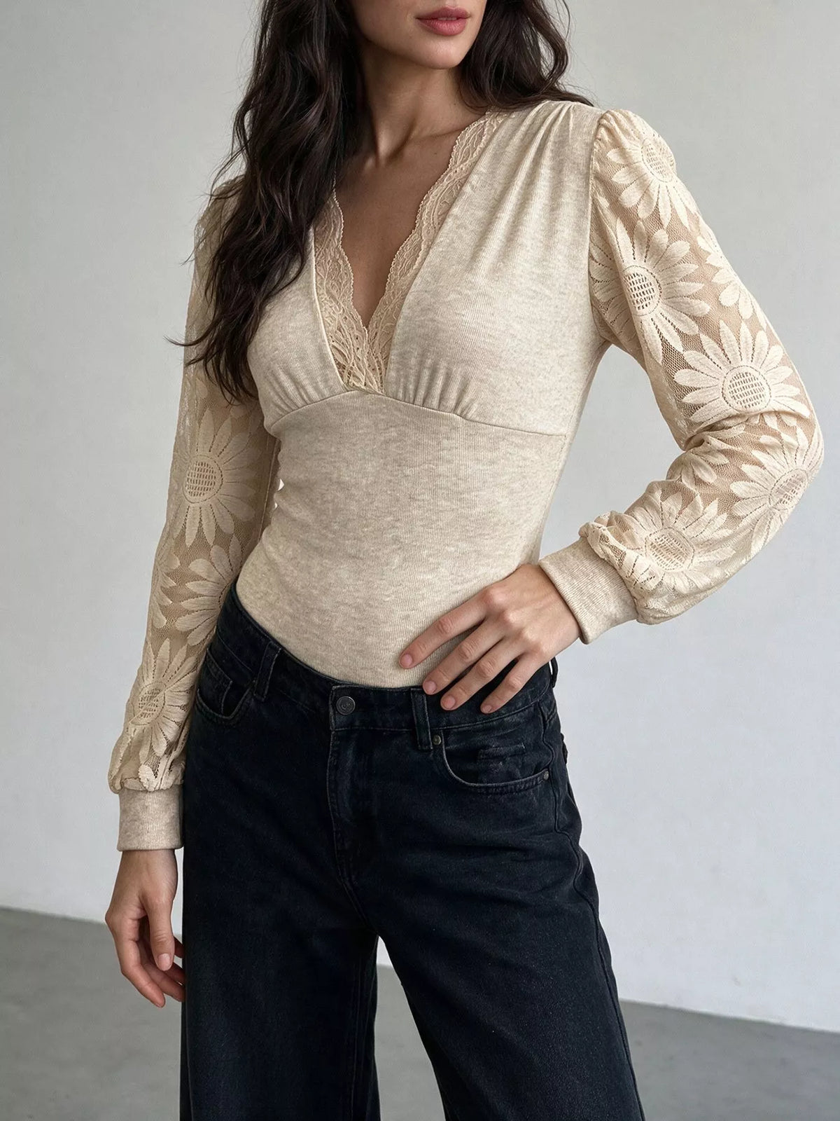 V-Neck Lace Trim Floral Mesh Sleeve Bodysuit - Lilixa.store