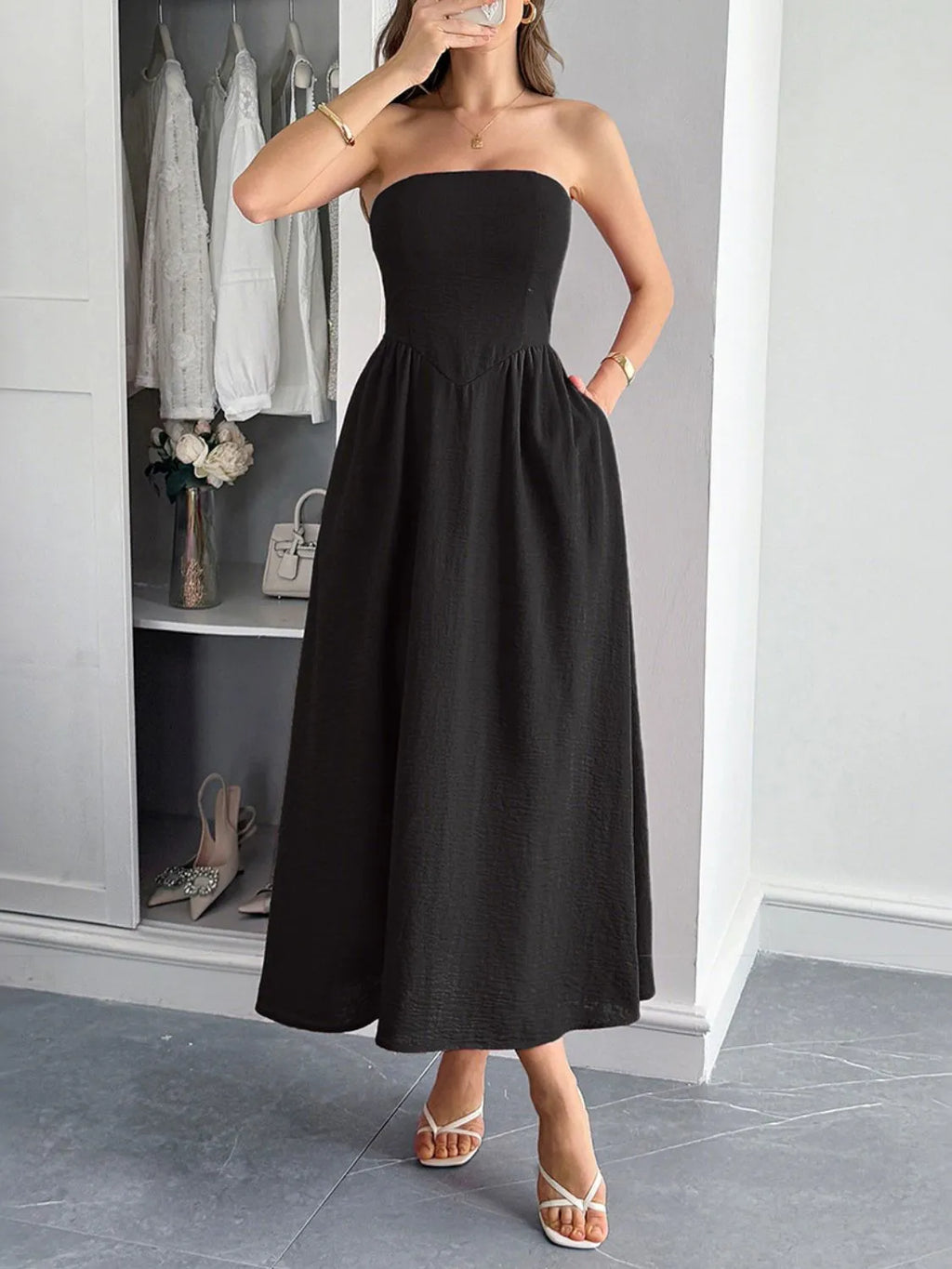 Strapless A-Line Midi Dress with Pockets - Lilixa.store