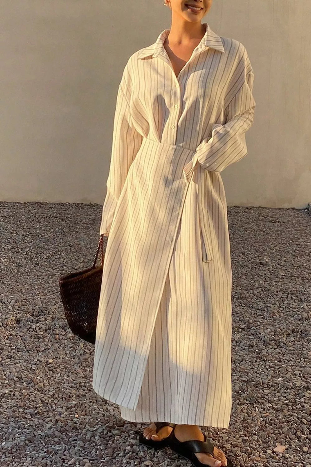 Striped Button-Down Shirt Dress with Waist Tie - Lilixa.store