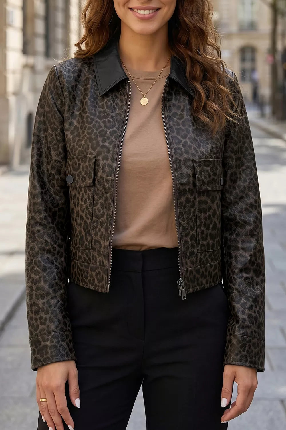 Leopard Print Cropped Faux Leather Jacket with Utility Pockets - Lilixa.store