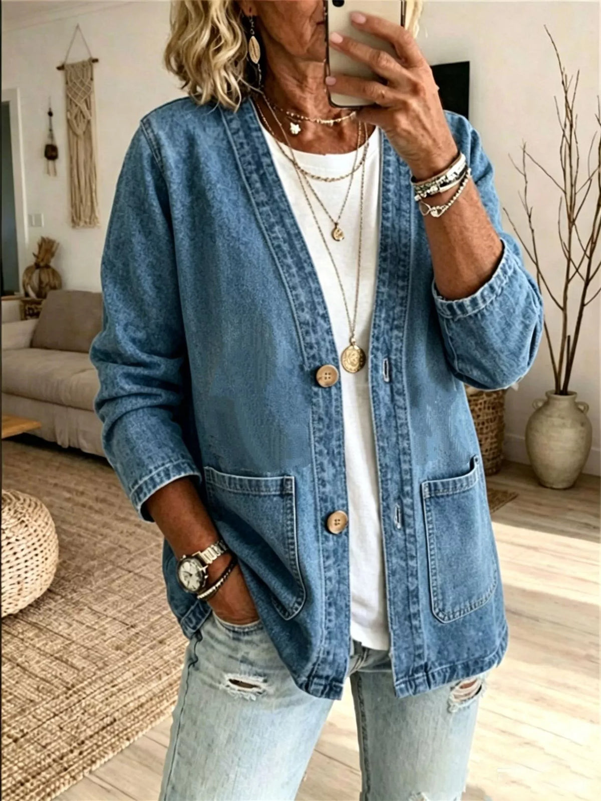 V-Neck Button-Down Denim Jacket in Dusty Blue