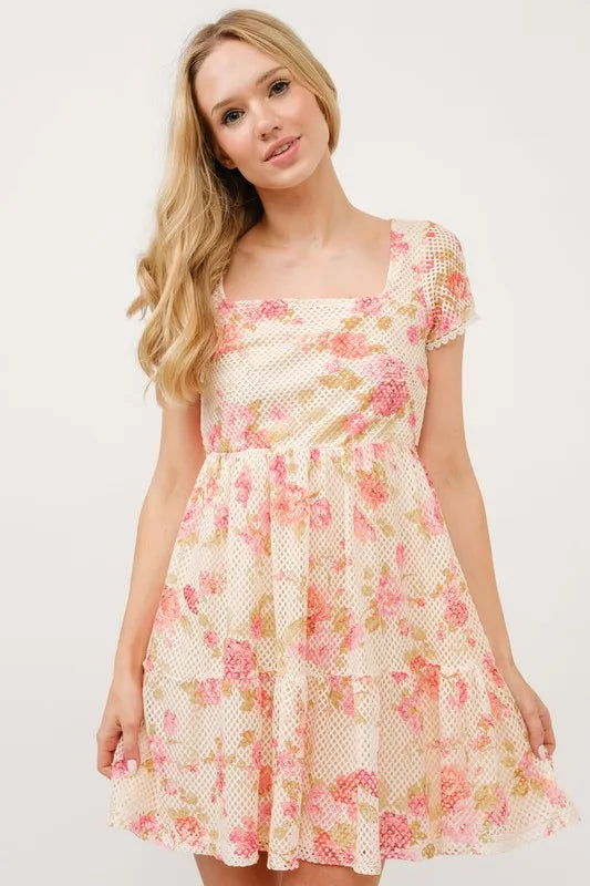 And The Why Square Neck Tiered Floral Fishnet Dress
