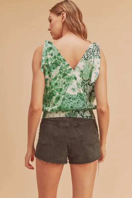 Aemi + Co Smocked Hem Printed Surplice Tank in Green, view 3