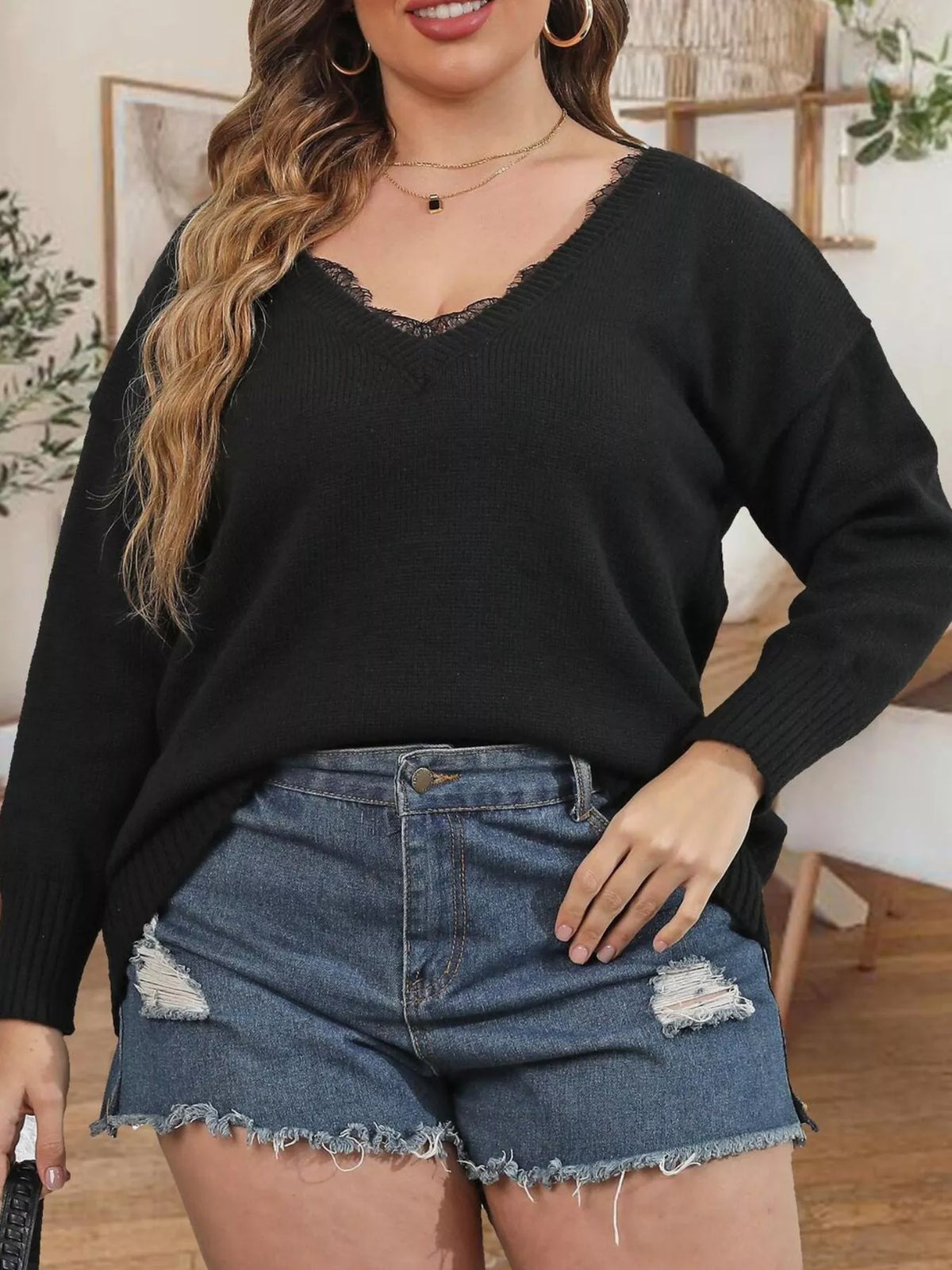 Plus Size Lace Trim V-Neck Sweater - Lilixa.store