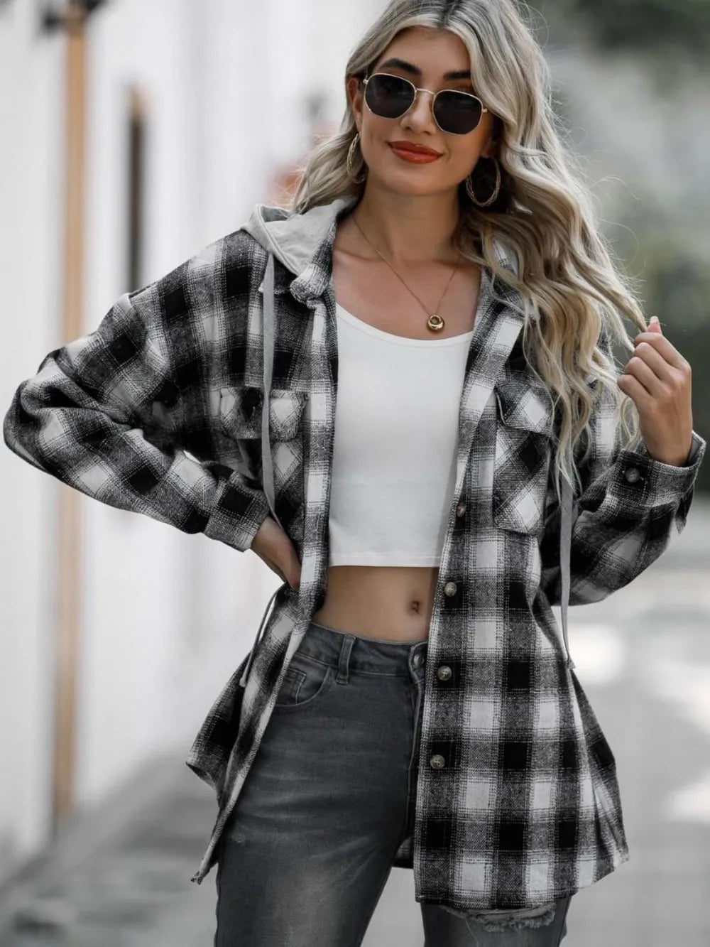 Double Take Drawstring Plaid Long Sleeve Hooded Shacket - Lilixa.store