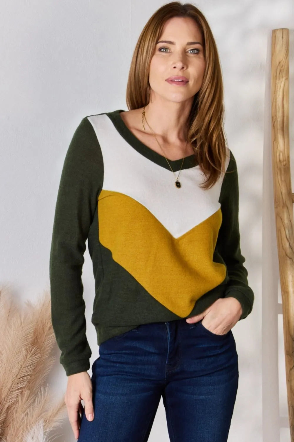 Hailey & Co Full Size Colorblock V-Neck Blouse - Lilixa.store