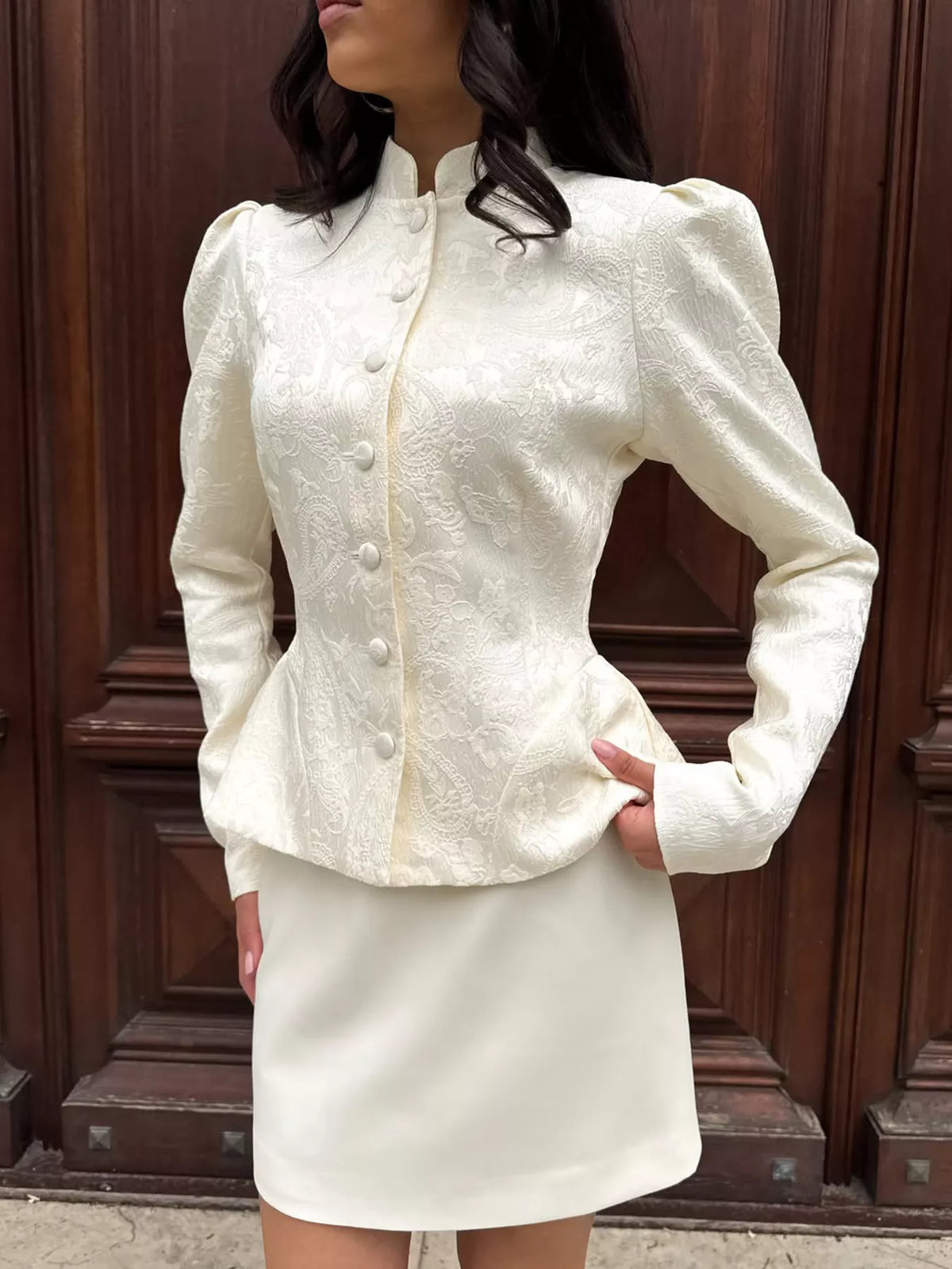 Jacquard Peplum Puff Sleeve Outerwear - Lilixa.store