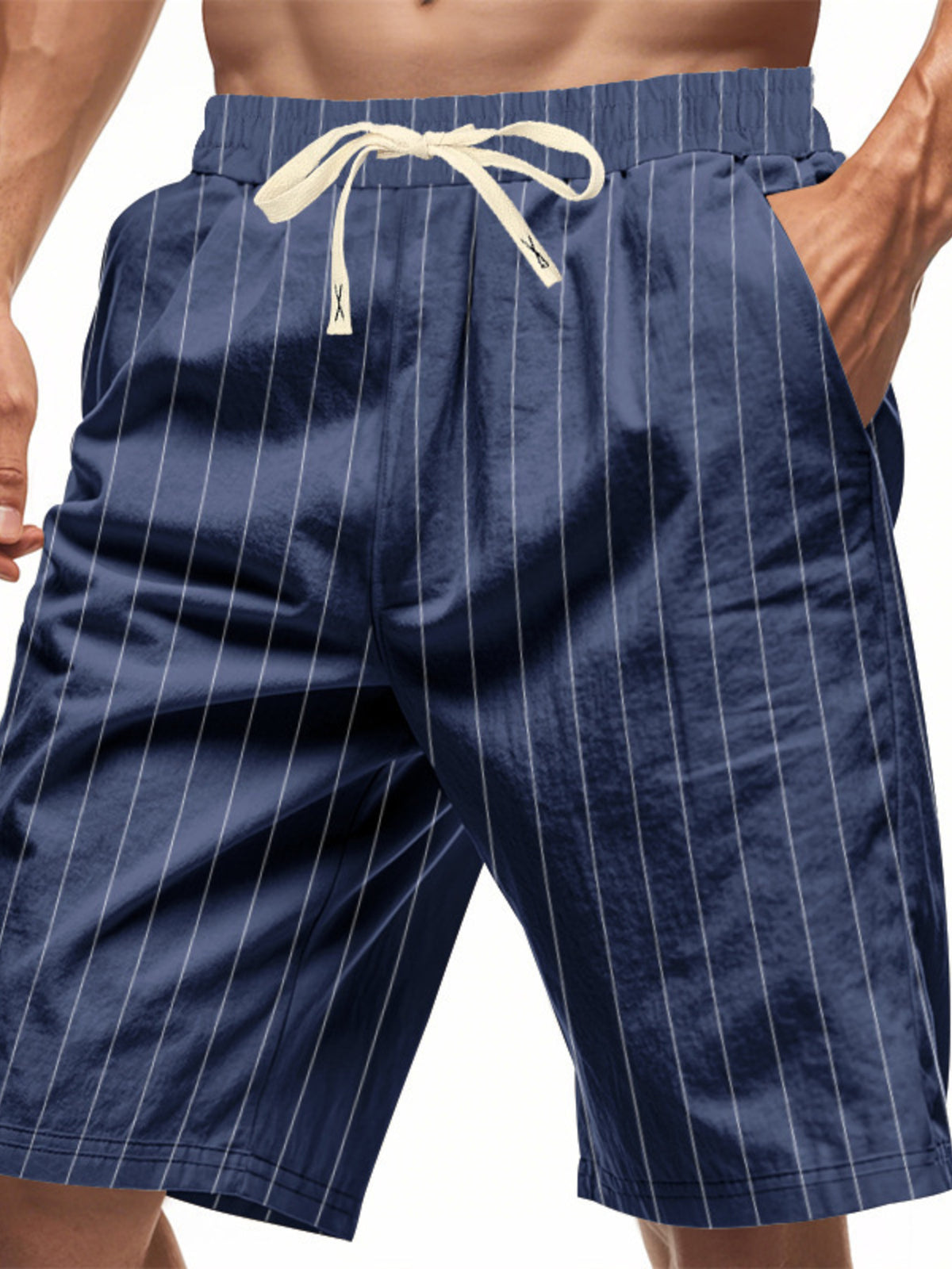 Men's Full Size Striped Drawstring Casual Shorts Plus Size in Navy