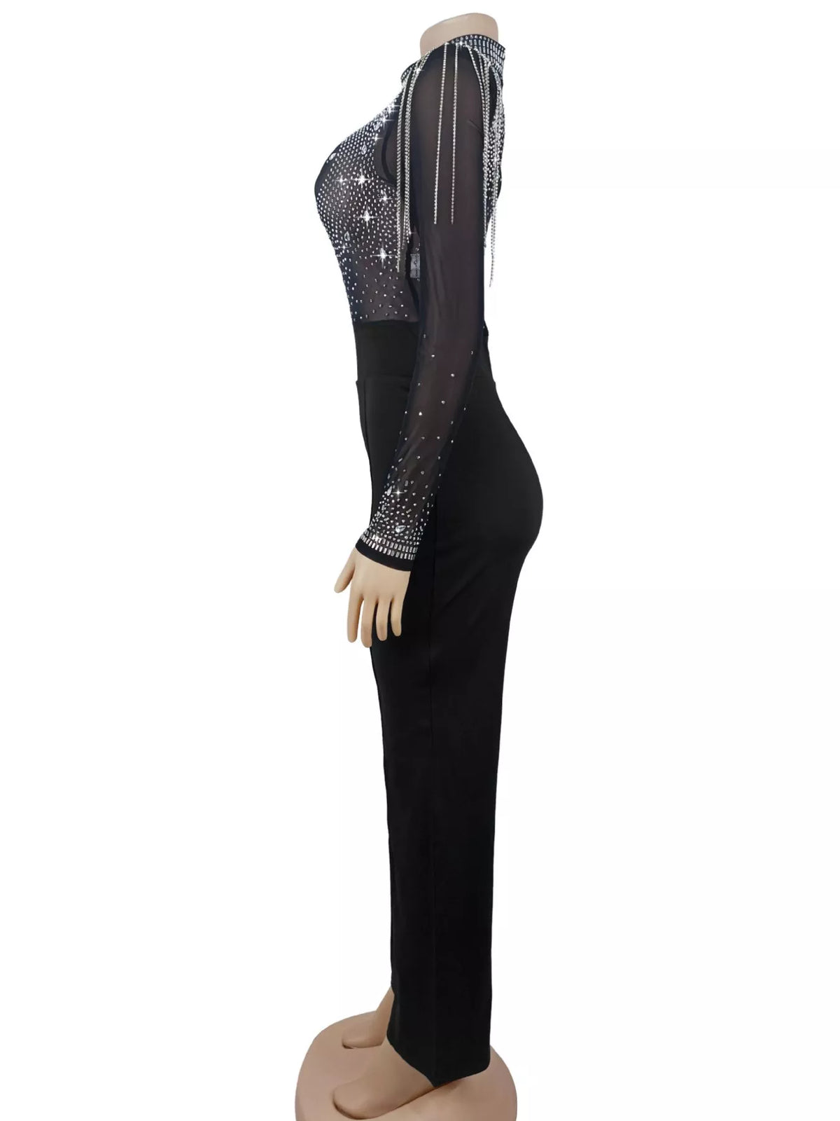 Rhinestone Embellished Mesh Long Sleeve Jumpsuit in Black, view 8