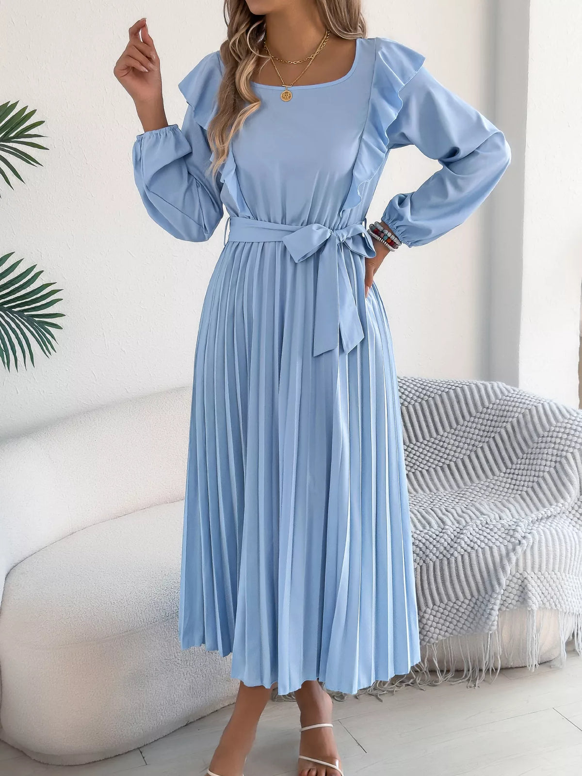 Ruffled Pleated Midi Dress with Waist Tie, view 3