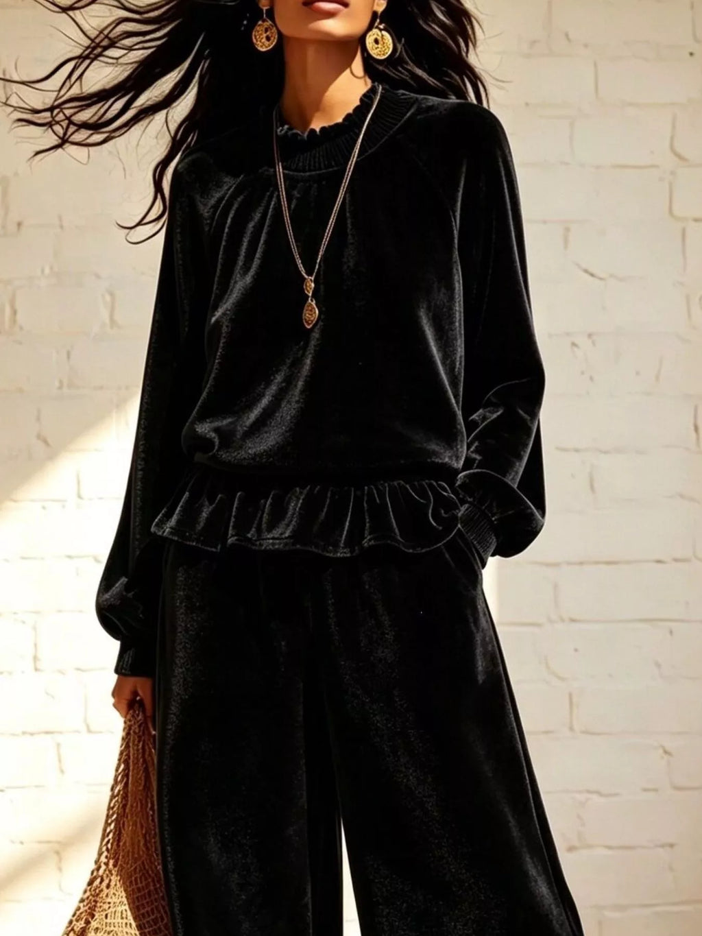 Velvet Peplum Top and Wide-Leg Pants Set - Lilixa.store