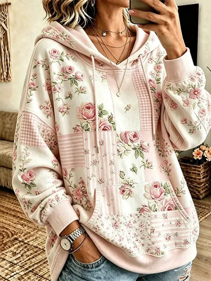 Full Size Drawstring Floral Dropped Shoulder Hoodie Plus Size in Blush Pink