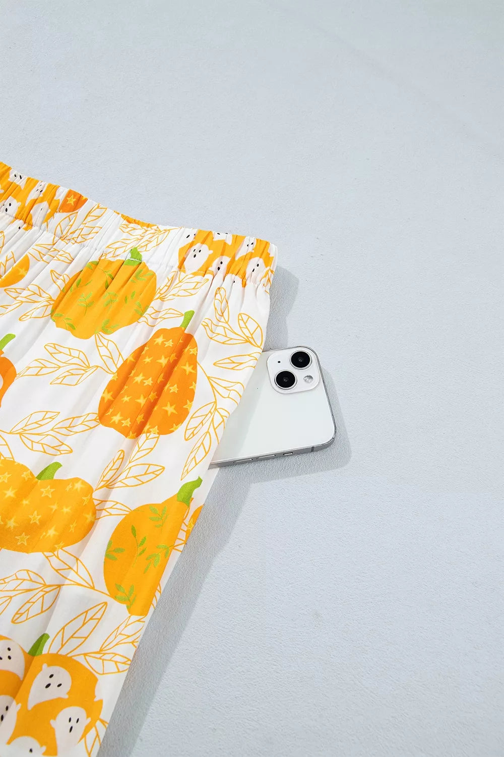 Short Sleeve Pumpkin Print Polka Dot Trim Pocket Placket Lounge Set - Lilixa.store