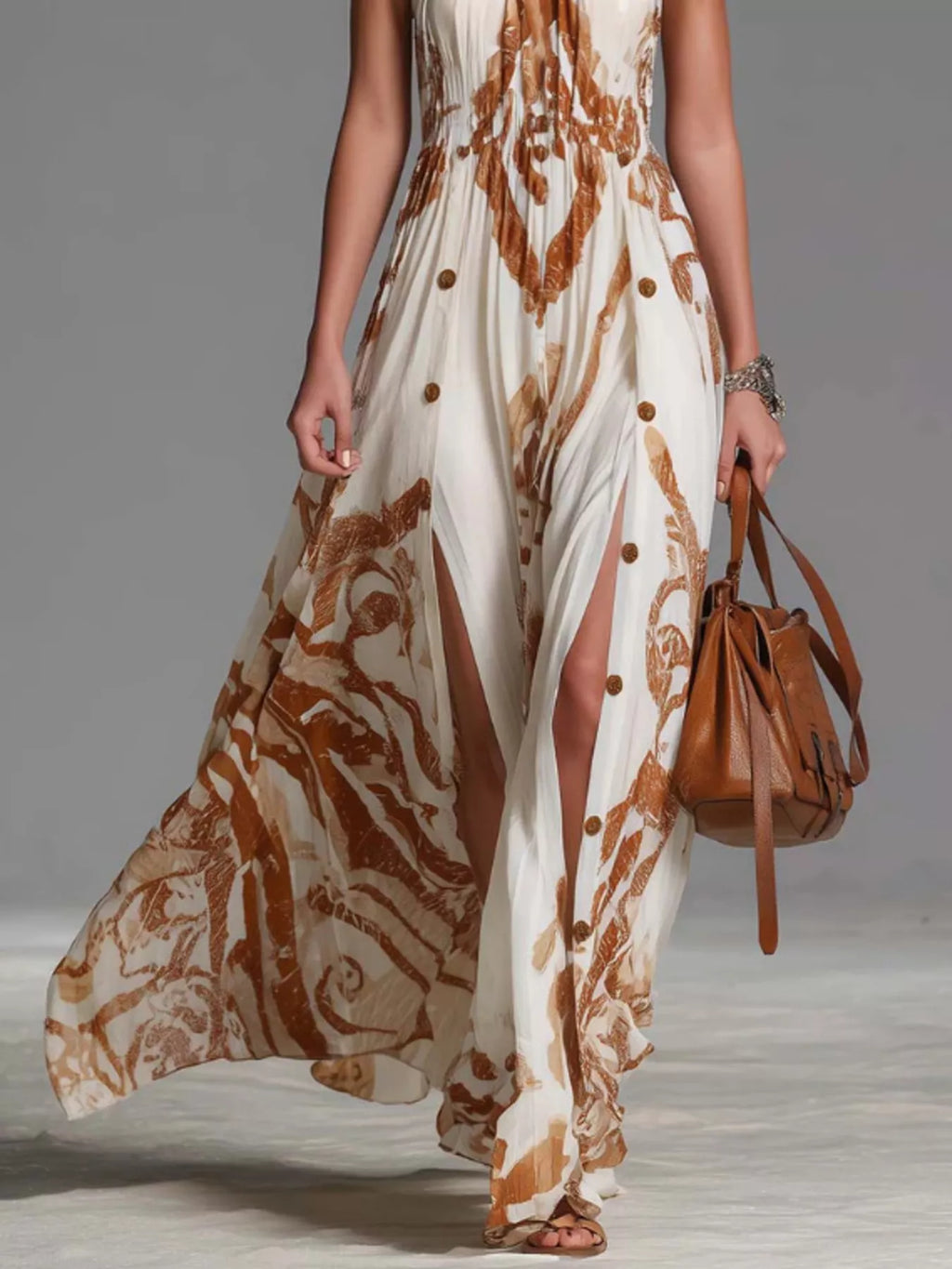 Printed Halter Neck Maxi Dress in White, view 3