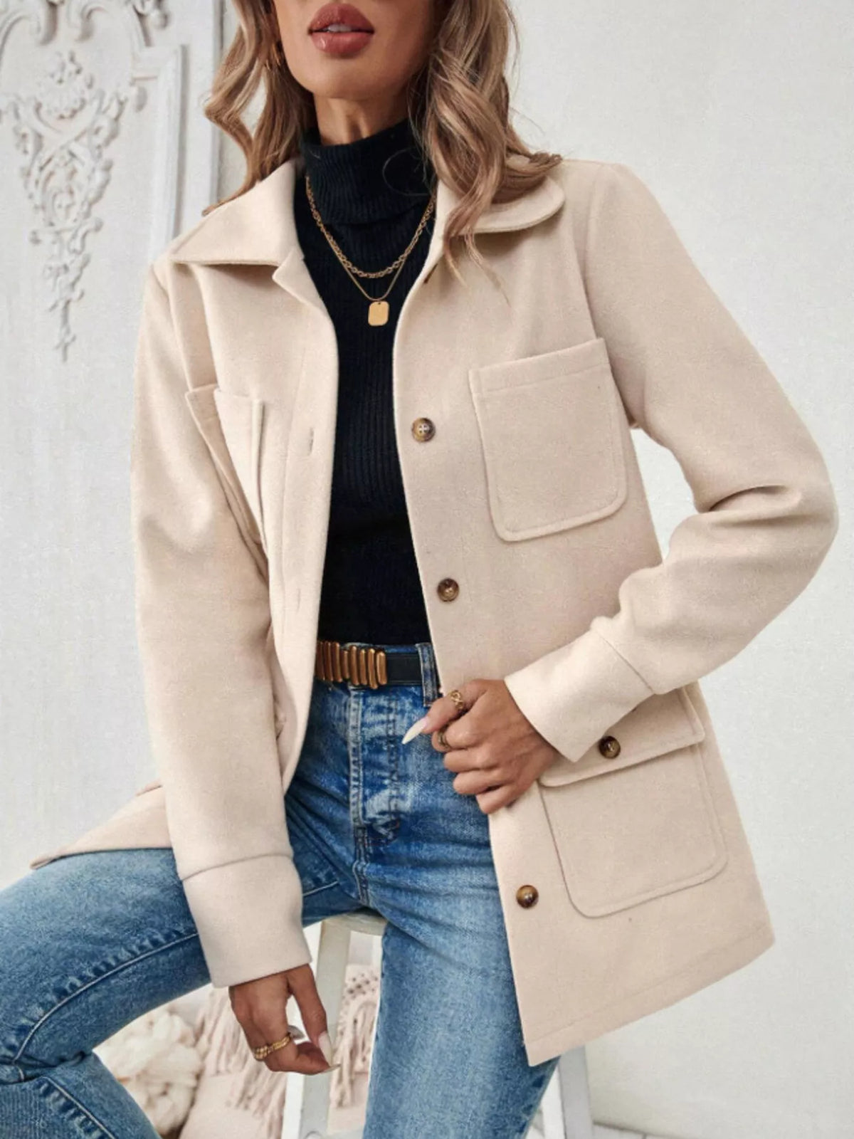 Button-Front Pocketed Long Sleeve Outerwear in Apricot
