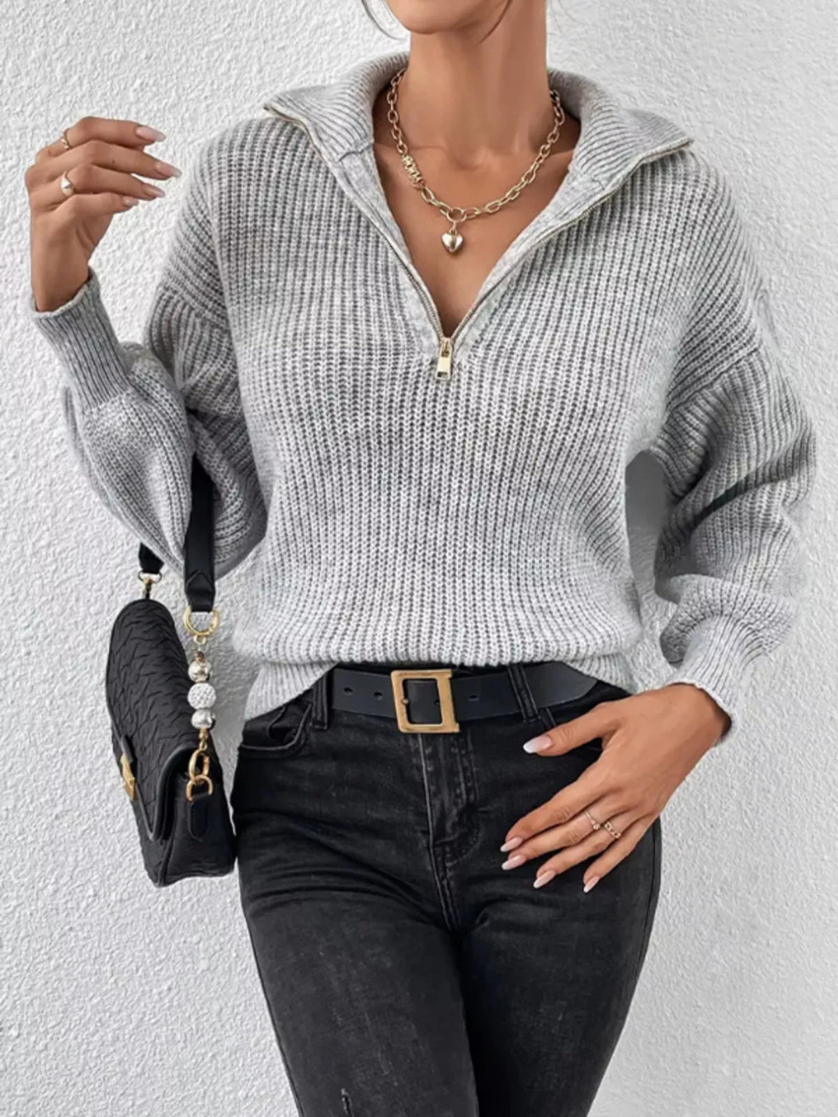Quarter-Zip Dropped Shoulder Sweater