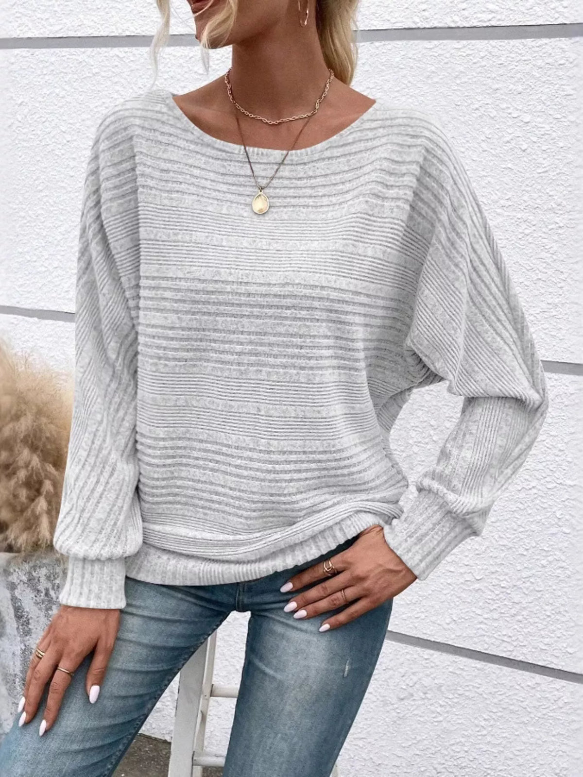 Ribbed Round Neck Long Sleeve Top - Lilixa.store