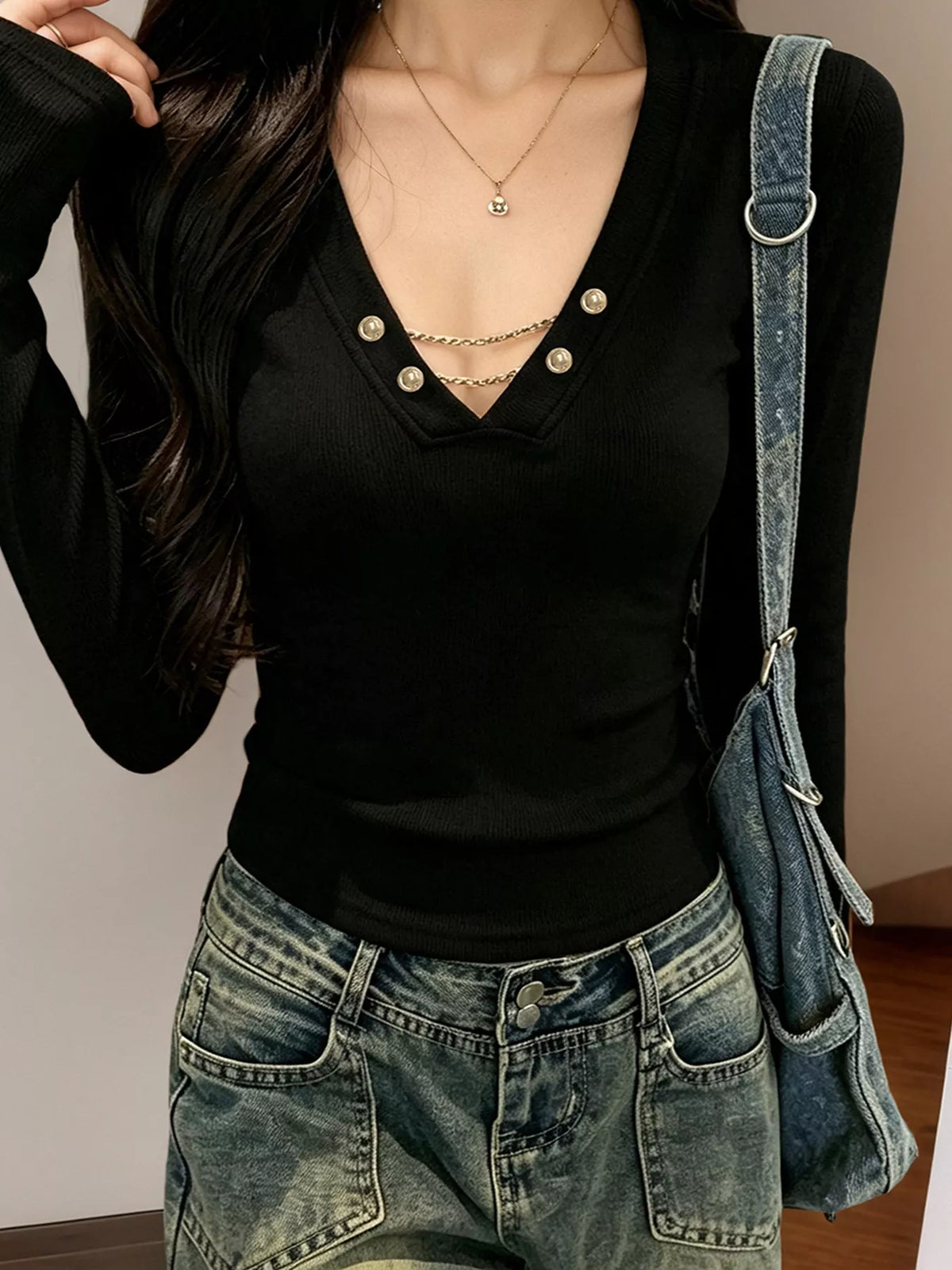 Decorative Pearl Buttons V-Neck Long Sleeve T-Shirt - Lilixa.store