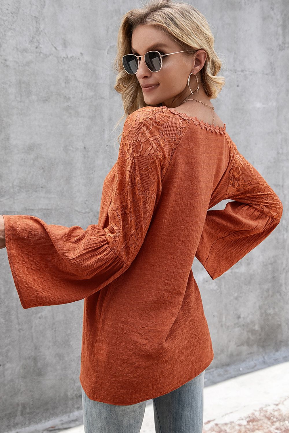 Ivy Lane V-Neck Spliced Lace Flare Sleeve Top, view 8