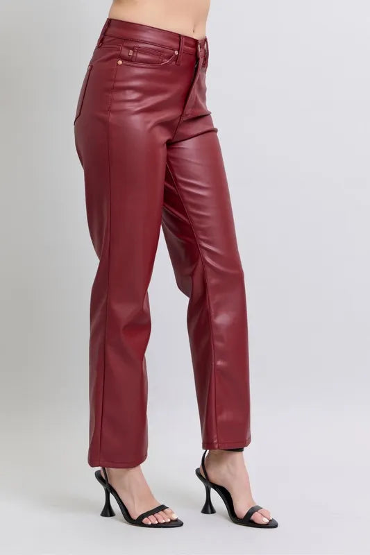 Judy Blue Full Size High Waist Tummy Control Faux Leather Straight Pants Plus Size - Lilixa.store