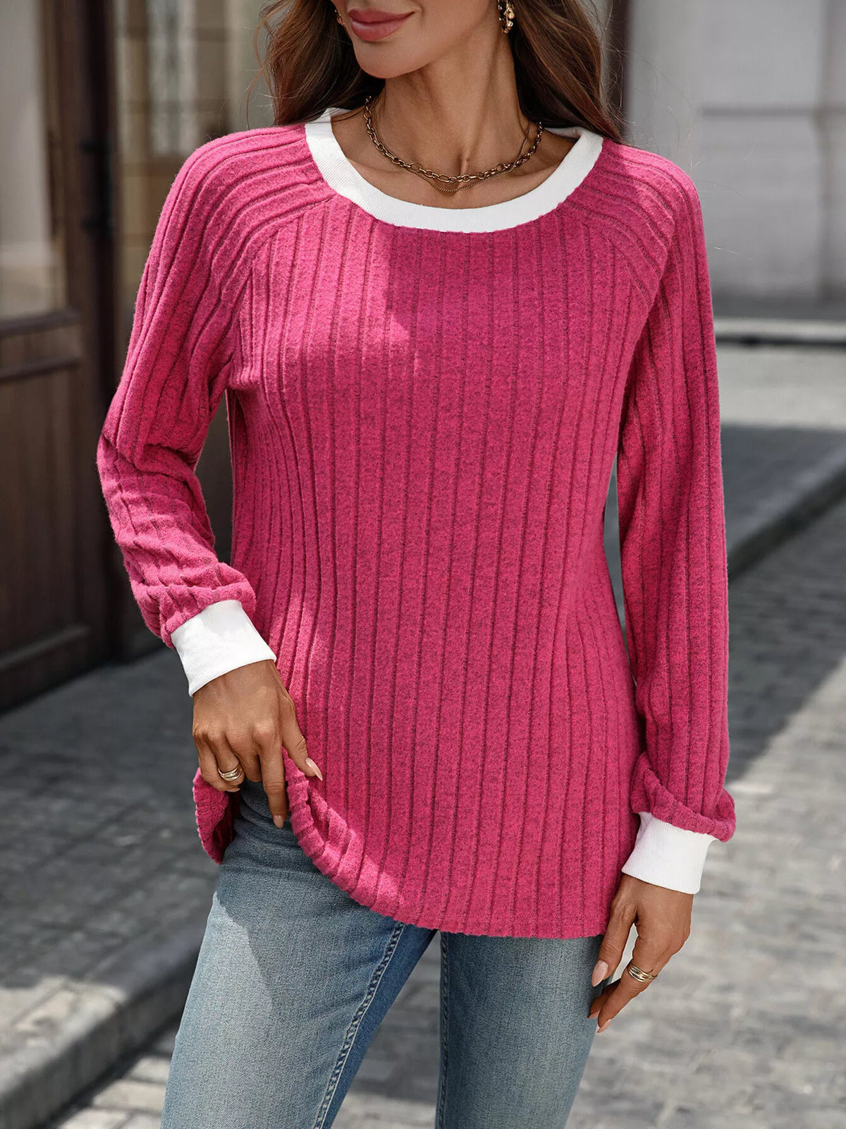 Ribbed Round Neck Raglan Sleeve Knit Top - Lilixa.store