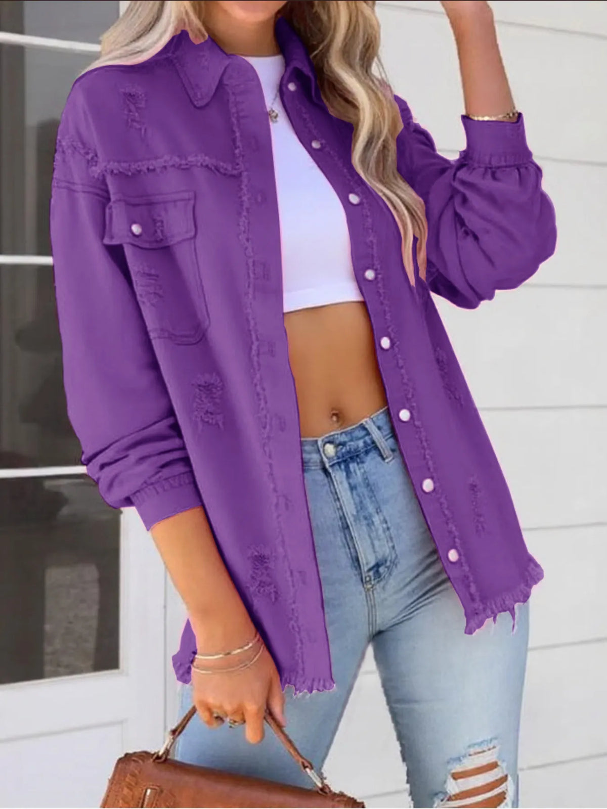 Distressed Denim Jacket with Frayed Edges - Lilixa.store