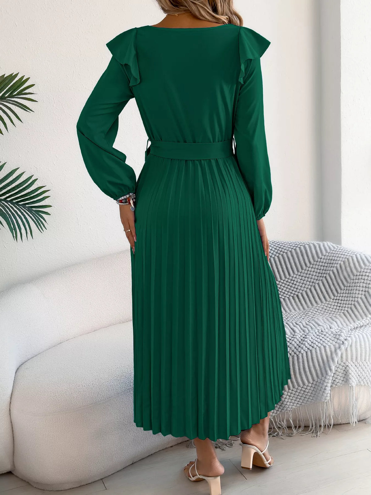 Ruffled Pleated Midi Dress with Waist Tie, view 11