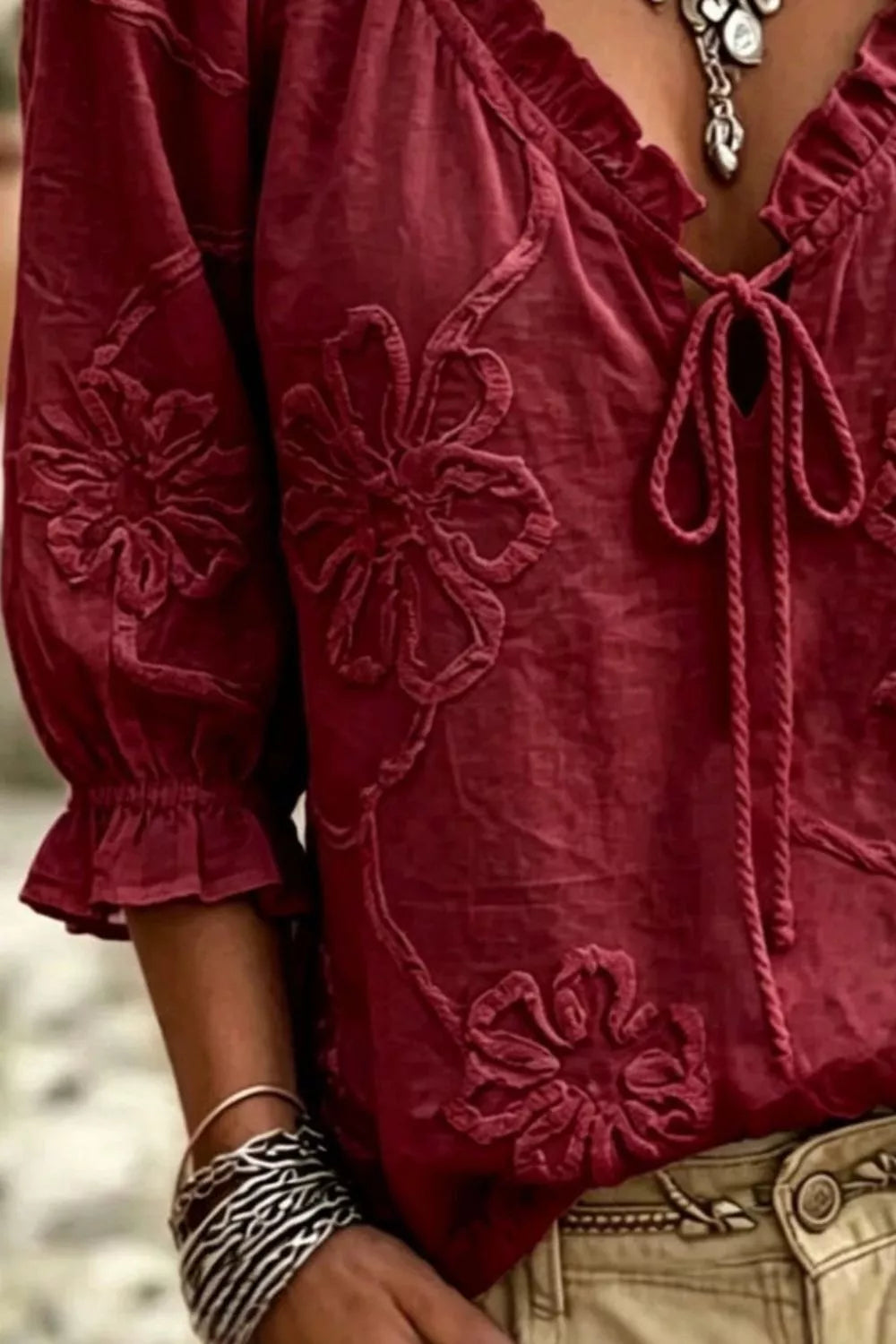 Floral Tie Neck 3/4 Sleeve Blouse