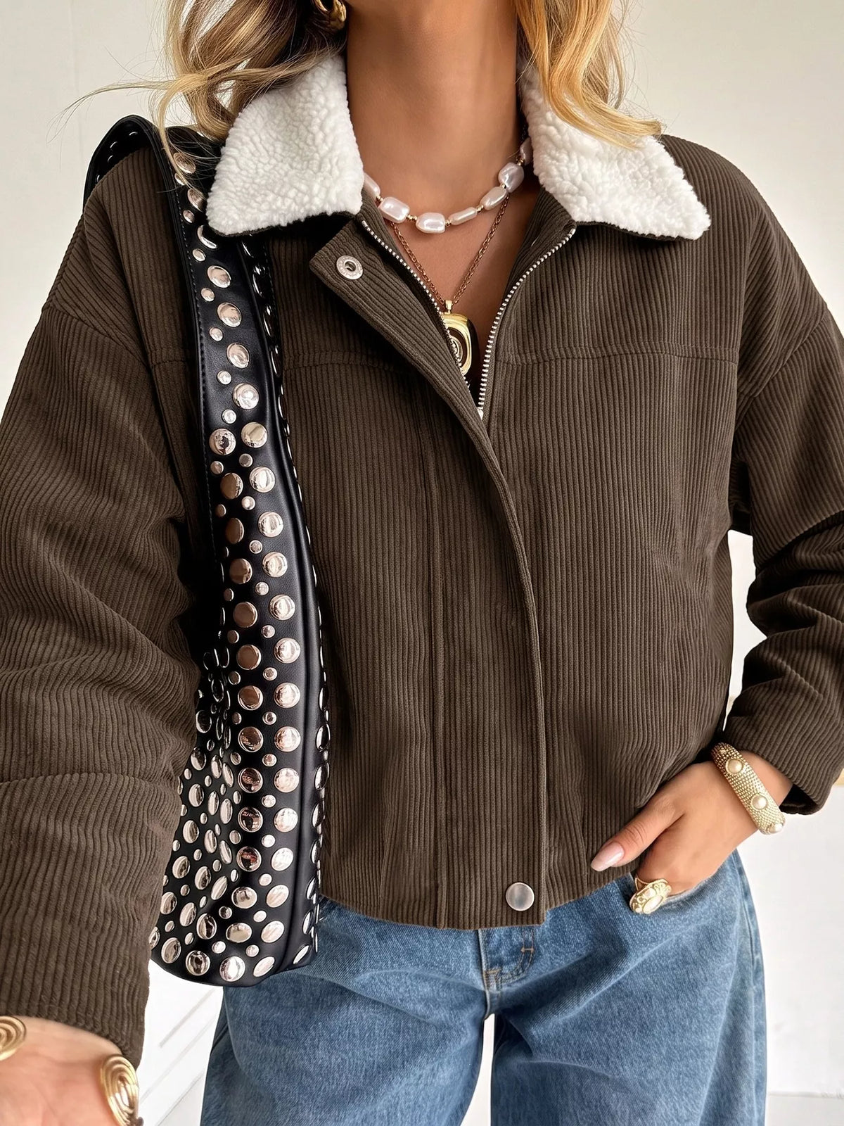 Contrast Sherpa Collar Corduroy Zip Up Jacket