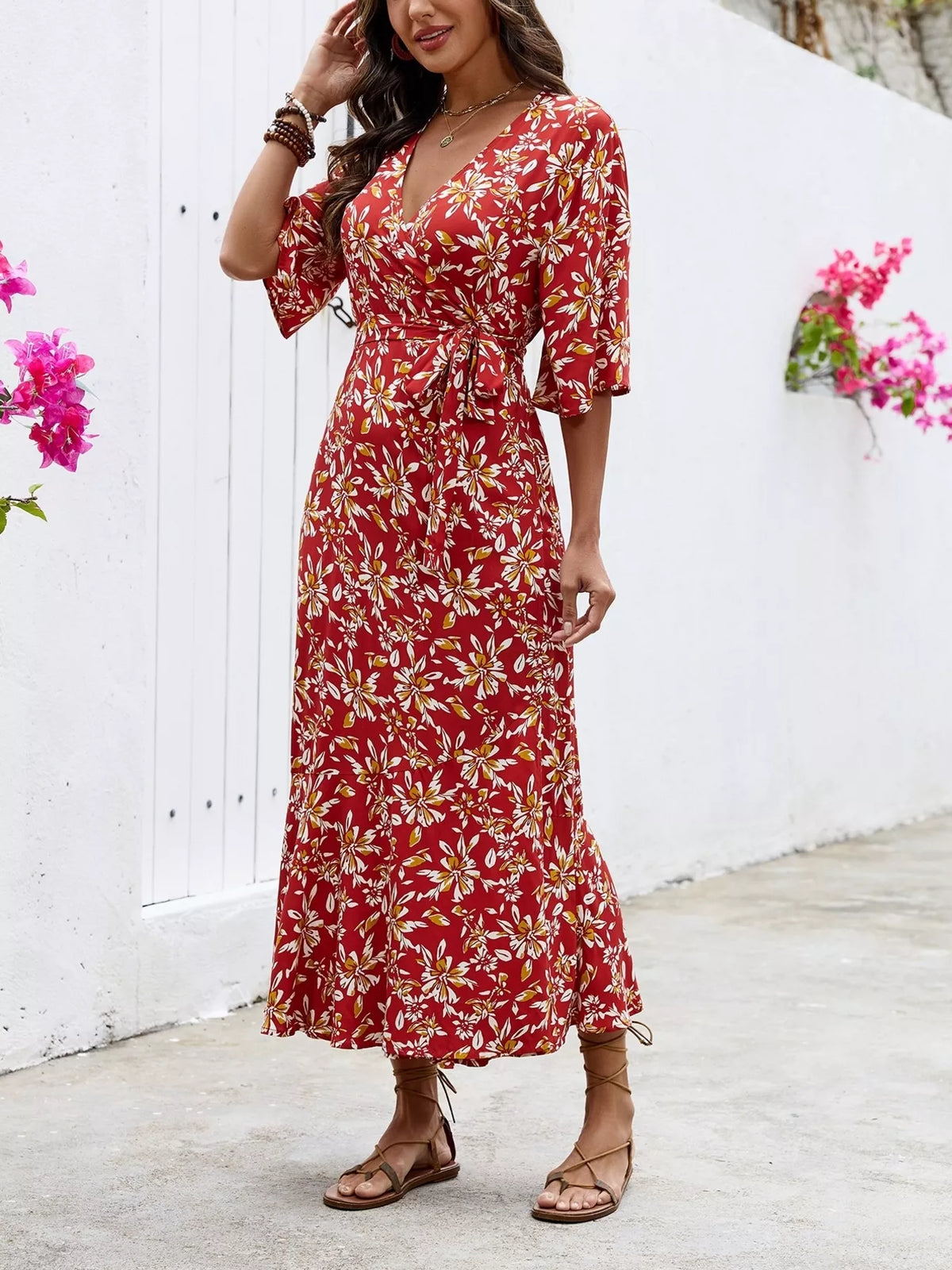 Slit Printed Surplice Midi Dress