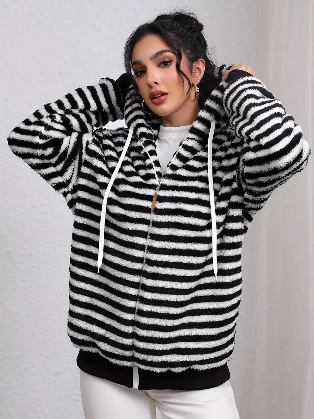 Striped Plush Zip-Up Hooded Outerwear - Lilixa.store