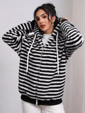 Striped Plush Zip-Up Hooded Outerwear - Lilixa.store