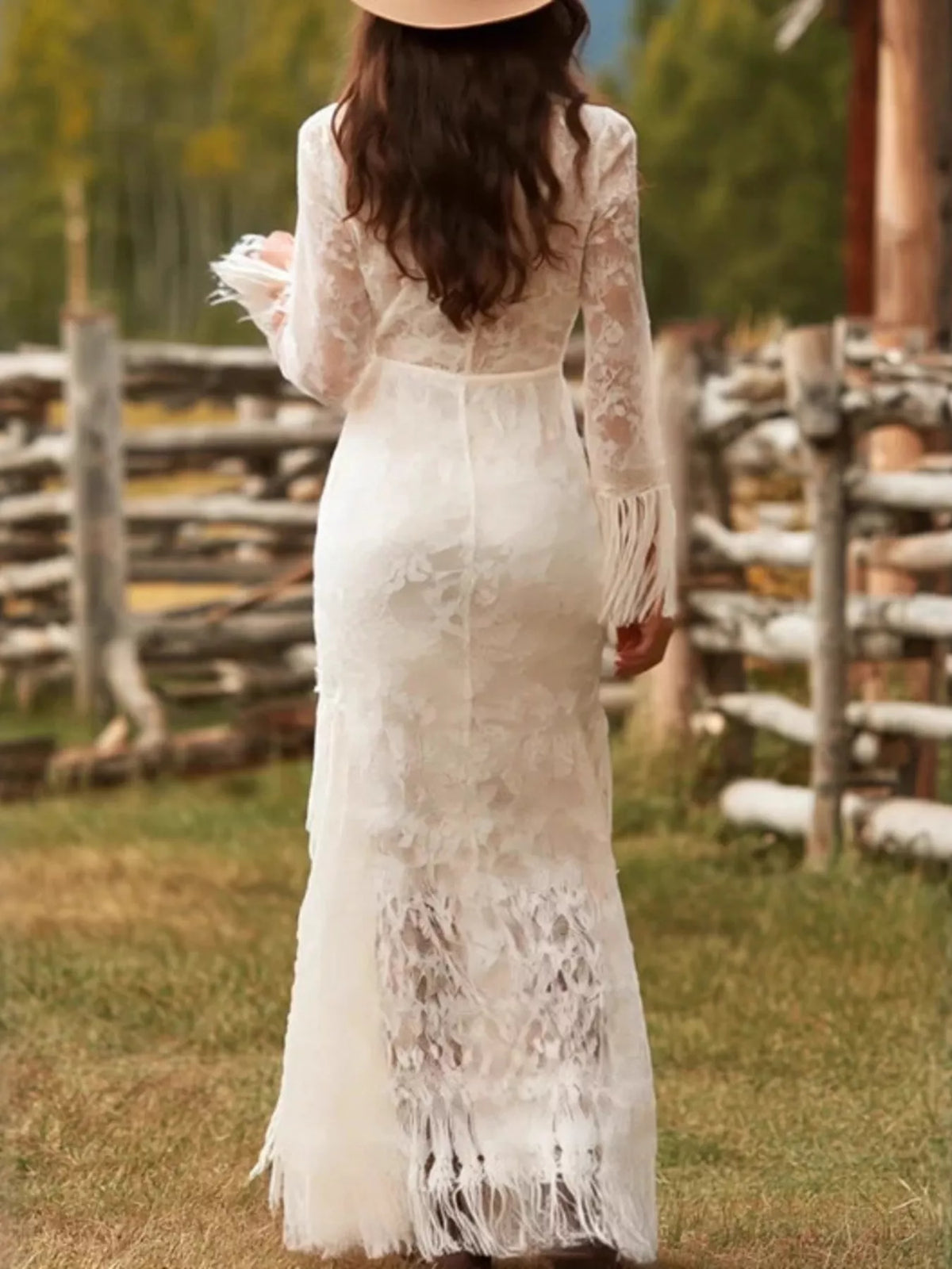 Lace Fringe V-Neck Maxi Dress