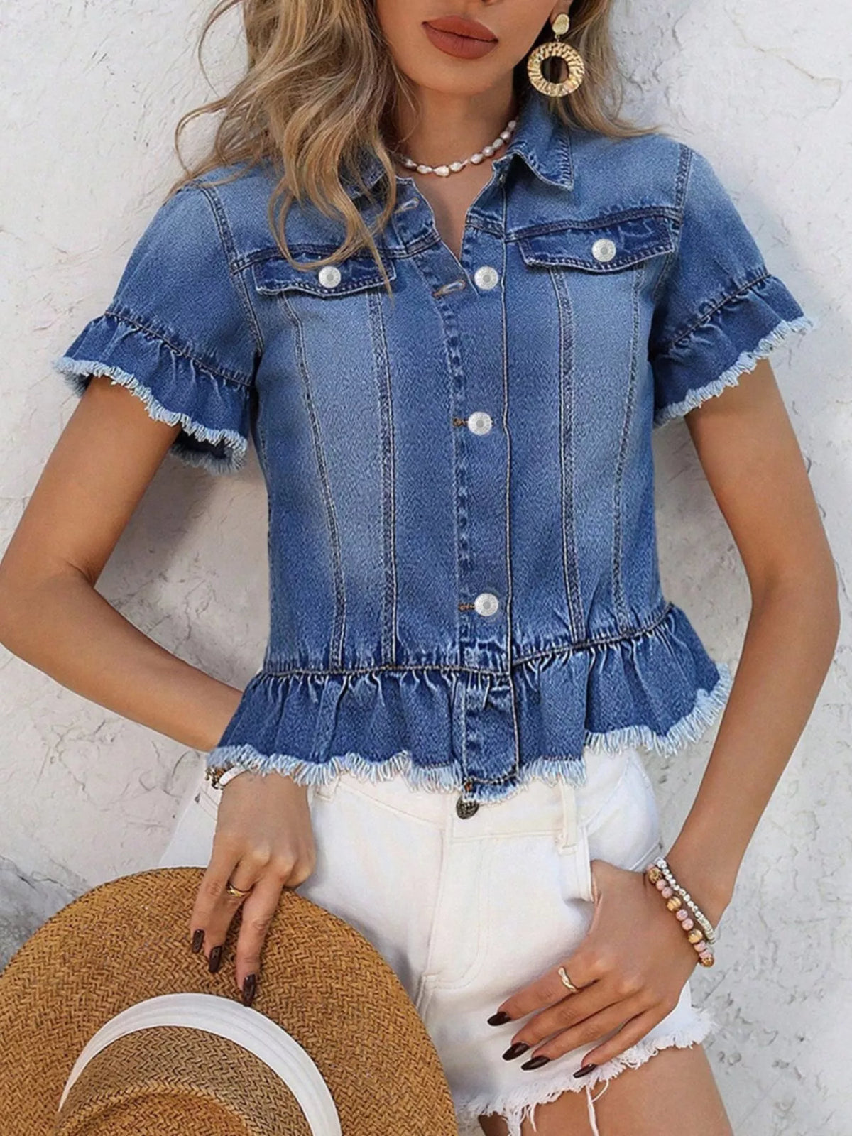 Ruffle Hem Short Sleeve Denim Jacket in Blue, view 4