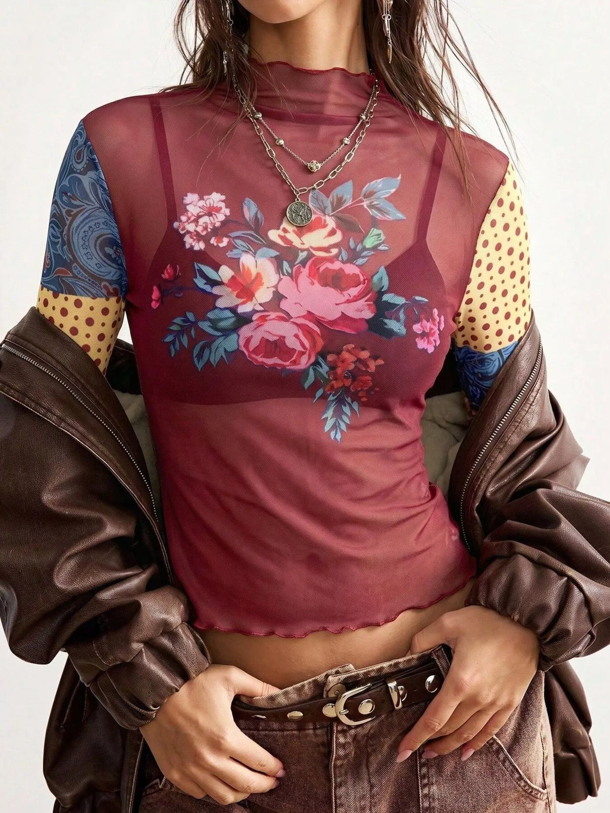 Floral Print Mesh Mock Neck Long Sleeve Top in Burgundy