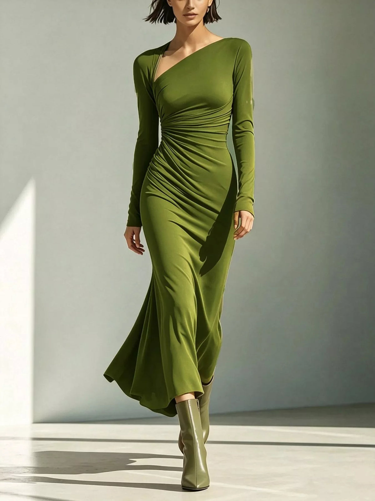 Asymmetrical Neck Ruched Long-Sleeve Dress