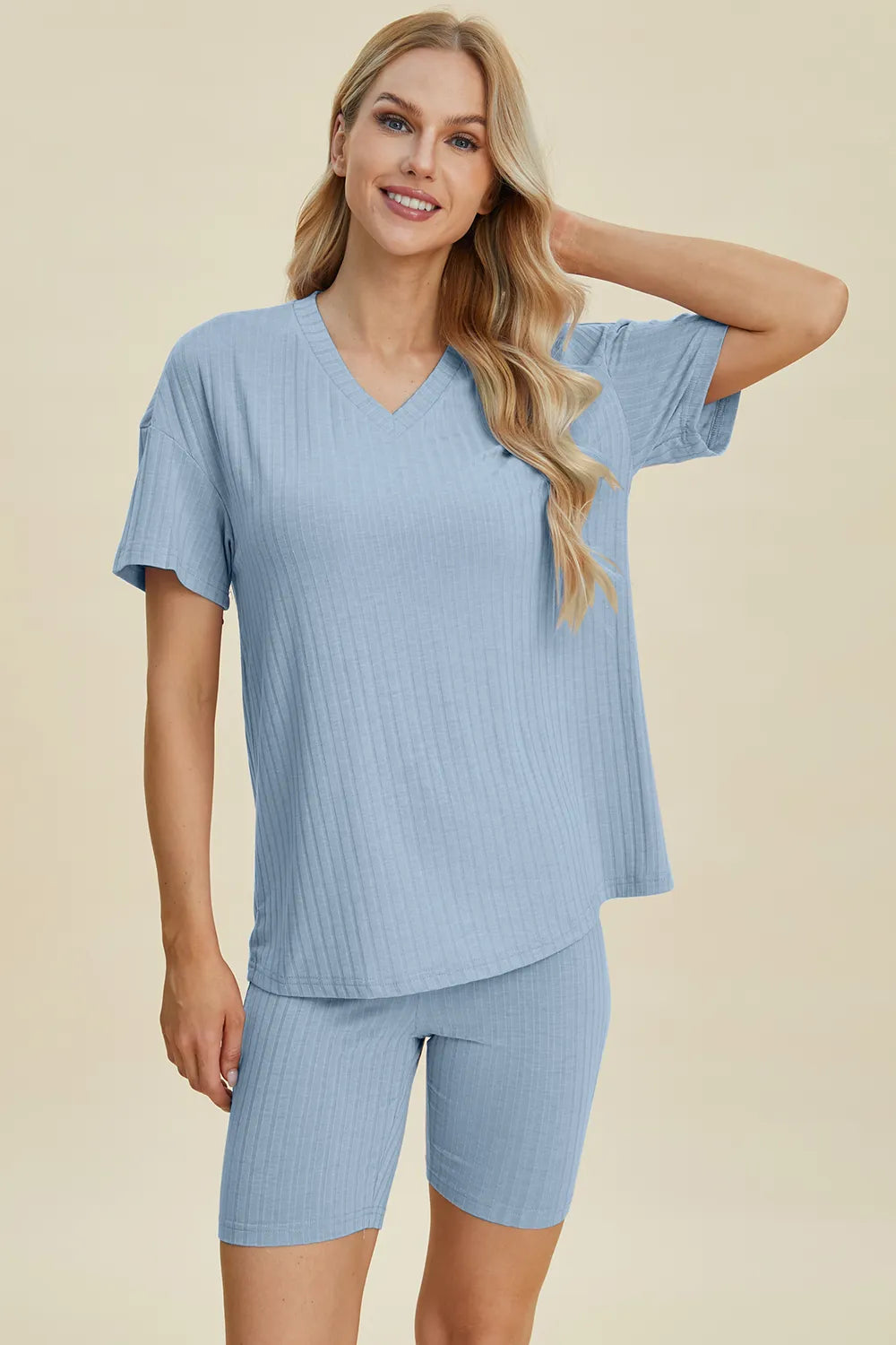 Basic Bae Full Size Ribbed V-Neck Short Sleeve Top and Shorts Set - Lilixa.store