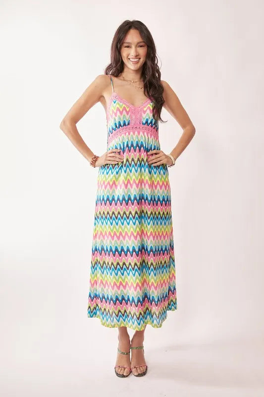 Davi & Dani Multi Color Crochet Lace Midi Dress - Lilixa.store