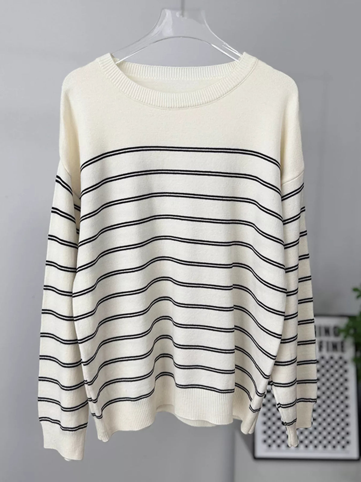Classic Striped Crewneck Knit Top with Layered Sweater Detail, view 12